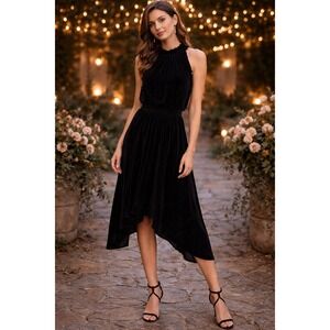 Shoshanna Velvet Dress Black Ruffle Trim Asymmetrical Hem Size 0